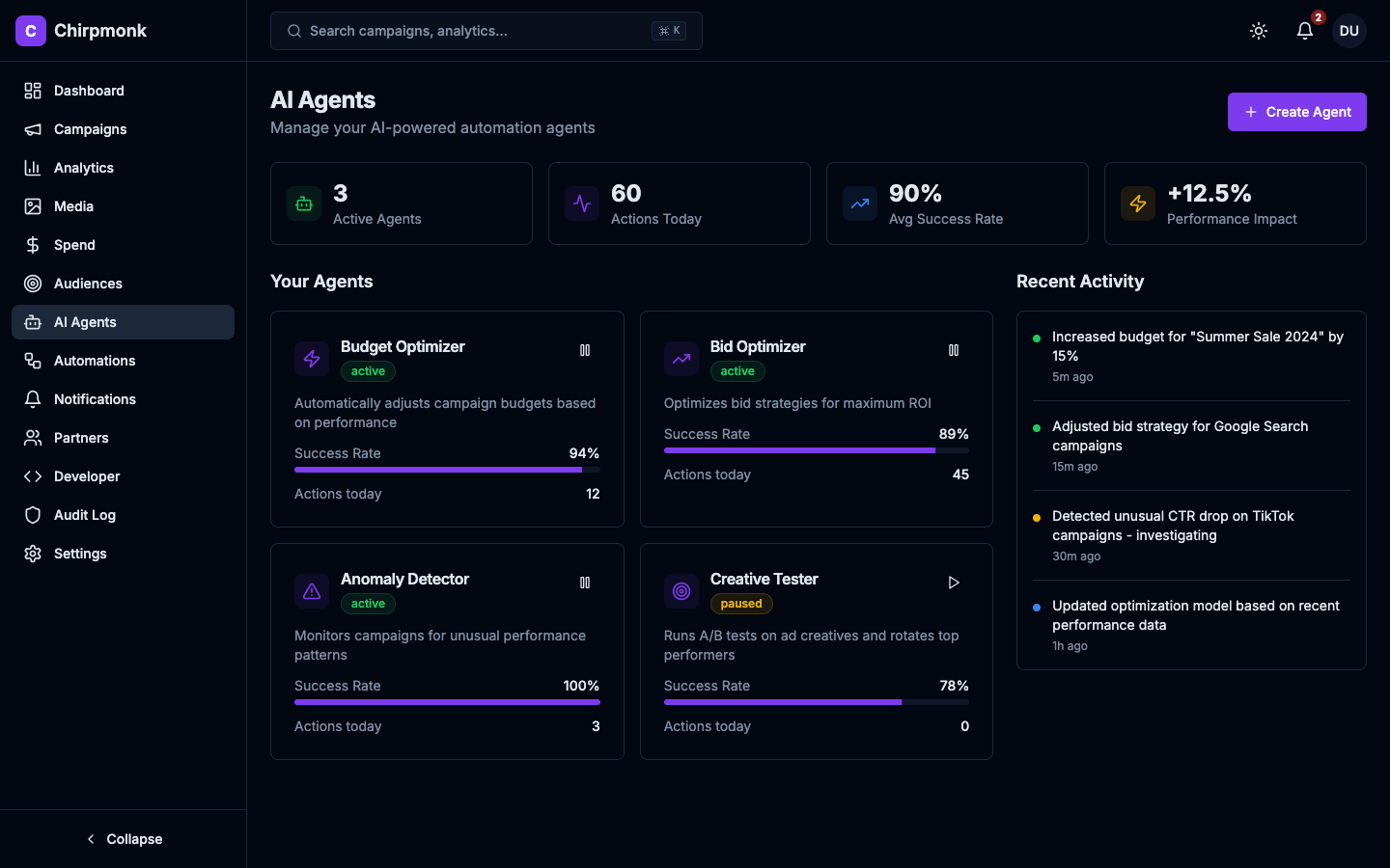 Chirpmonk AI agents working together on campaign optimization