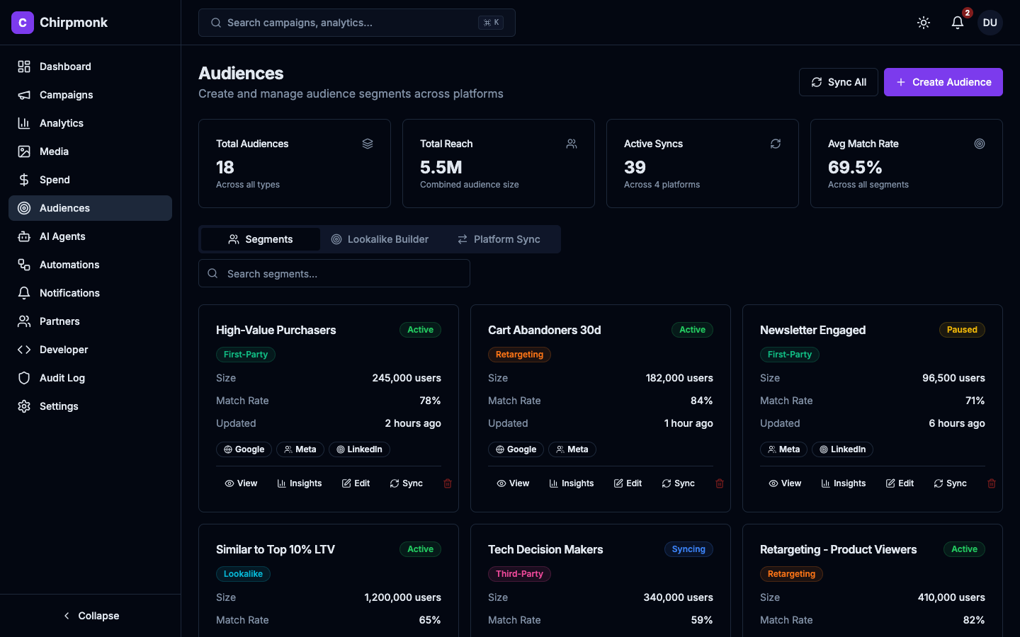 Audience Analyst agent interface showing audience segments