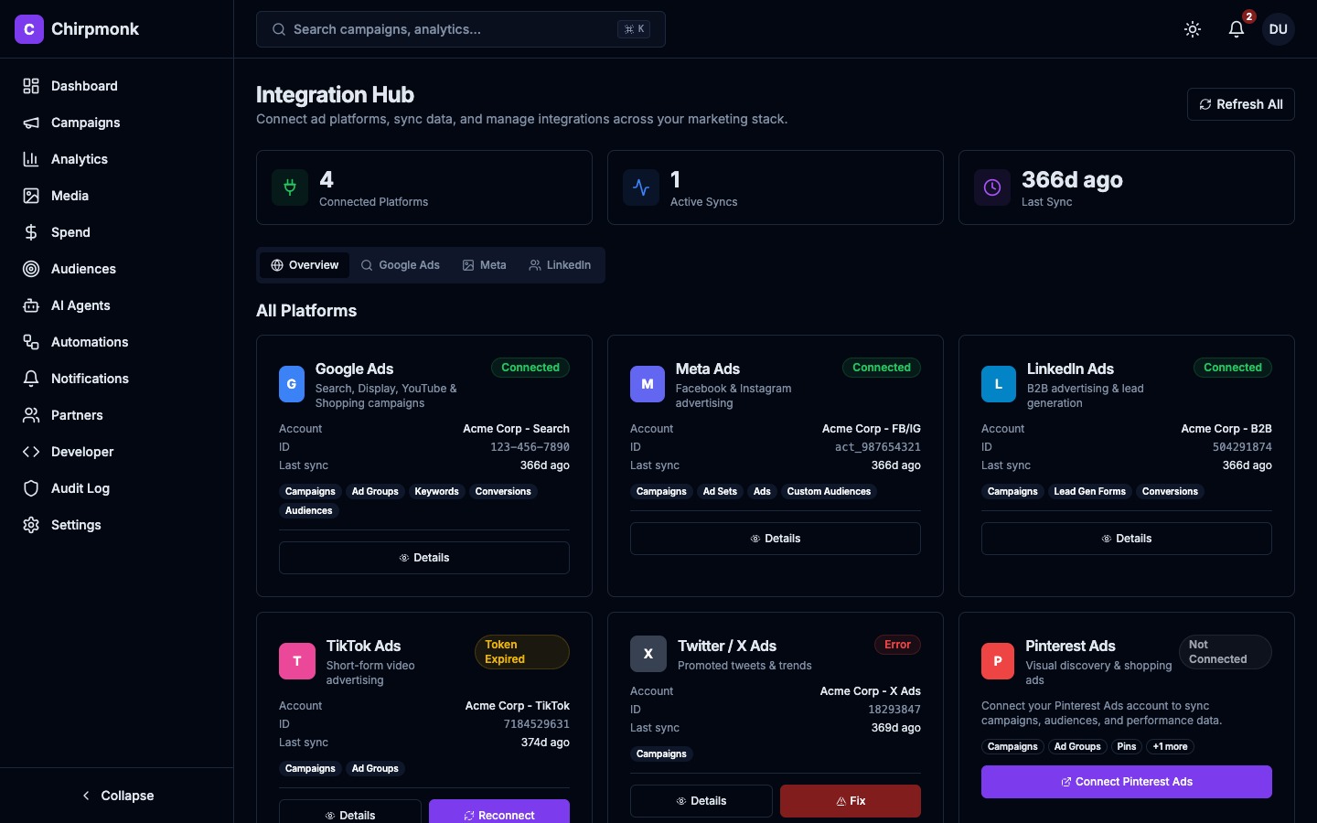 Chirpmonk platform integrations showing connected ad platforms