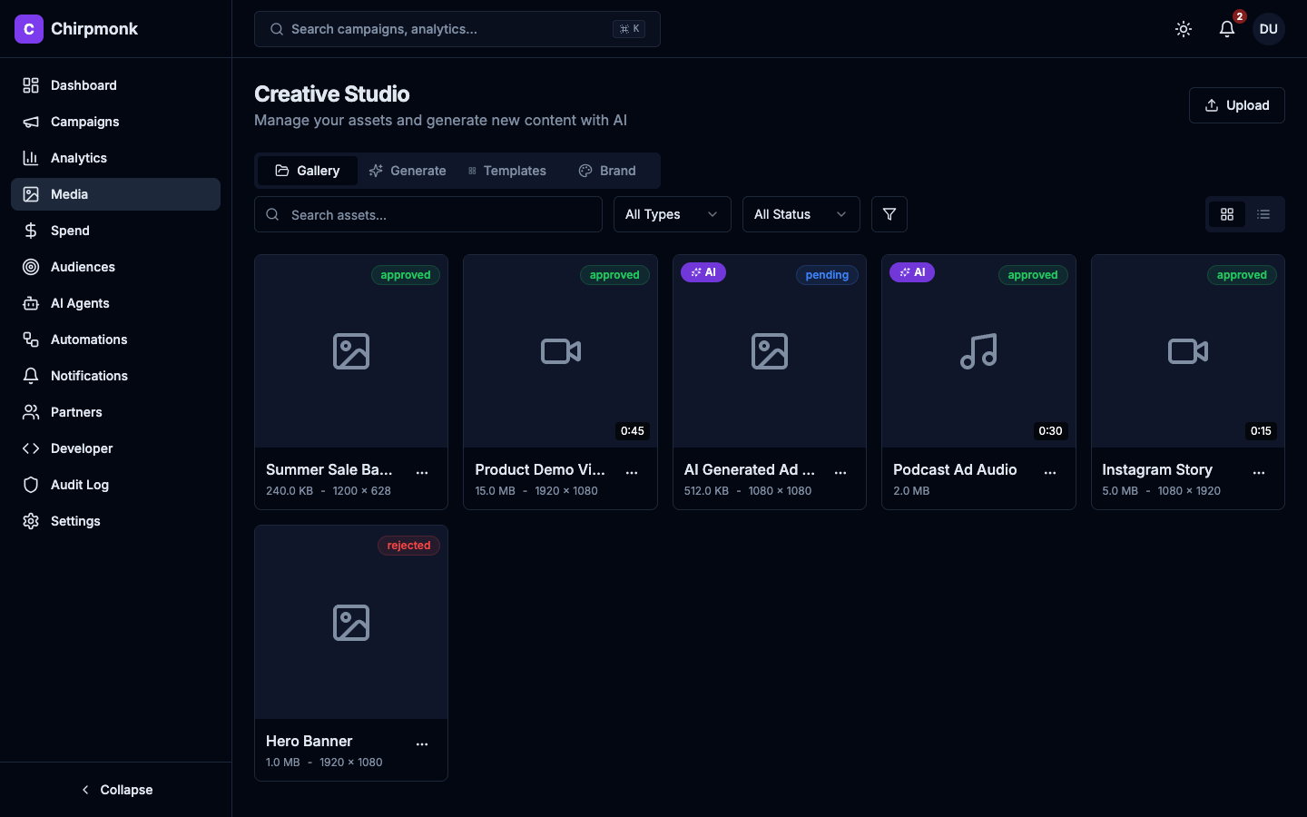 Content Producer agent interface showing media asset library